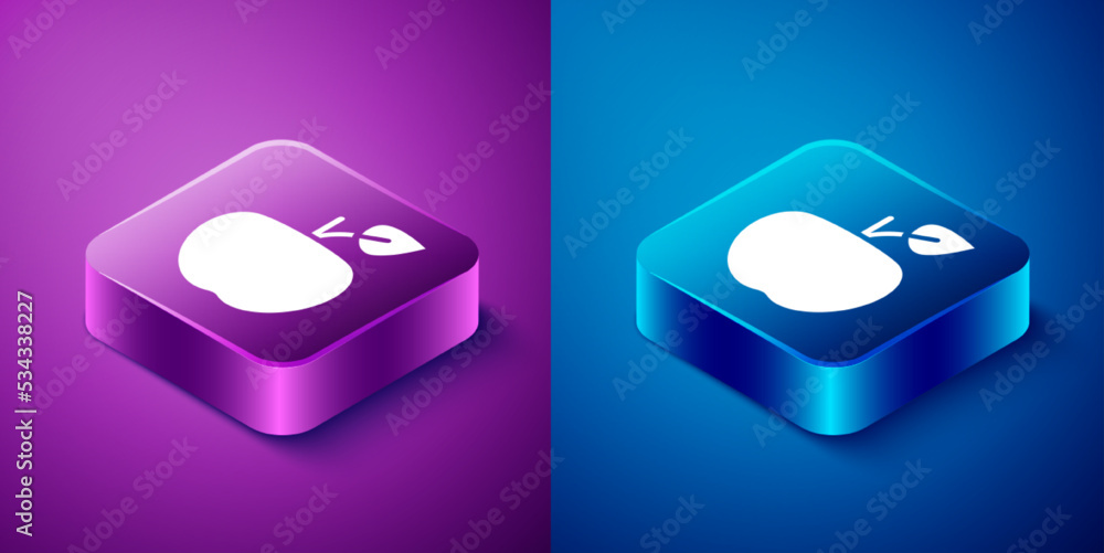 Isometric Apple icon isolated on blue and purple background. Excess weight. Healthy diet menu. Fitness diet apple. Square button. Vector Isometric Apple icon isolated on blue and purple background. Excess weight. Healthy diet menu. Fitness diet apple. Square button. Vector