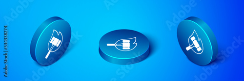 Isometric Auction hammer icon isolated on blue background. Gavel - hammer of judge or auctioneer. Bidding process, deal done. Auction bidding. Blue circle button. Vector