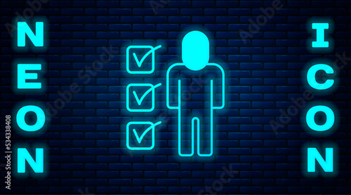 Glowing neon Resume icon isolated on brick wall background. CV application. Searching professional staff. Analyzing personnel resume. Vector