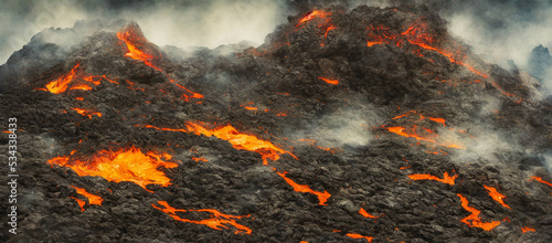 Volcanic eruption, lava flowing down the mountain, 3d render