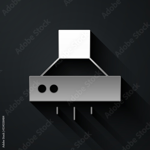 Silver Kitchen extractor fan icon isolated on black background. Cooker hood. Kitchen exhaust. Household appliance. Long shadow style. Vector