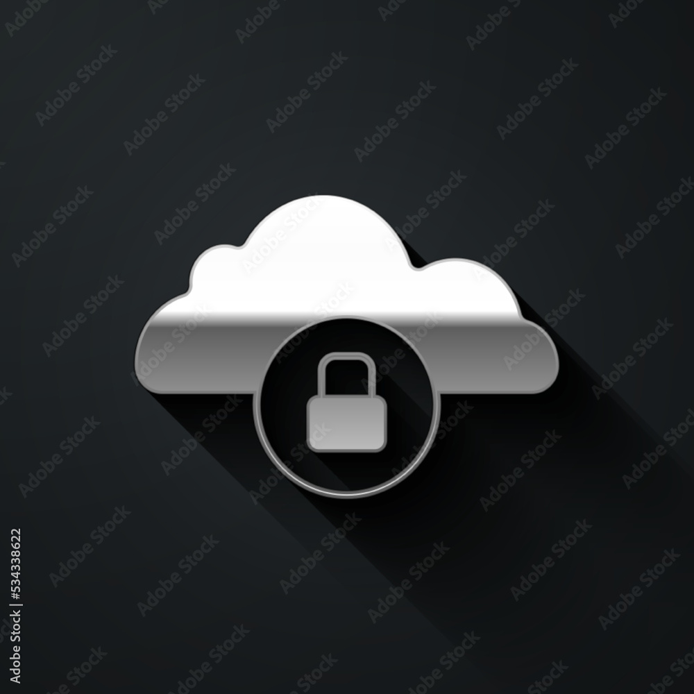 Silver Cloud computing lock icon isolated on black background. Security, safety, protection concept. Protection of personal data. Long shadow style. Vector Silver Cloud computing lock icon isolated on black background. Security, safety, protection concept. Protection of personal data. Long shadow style. Vector