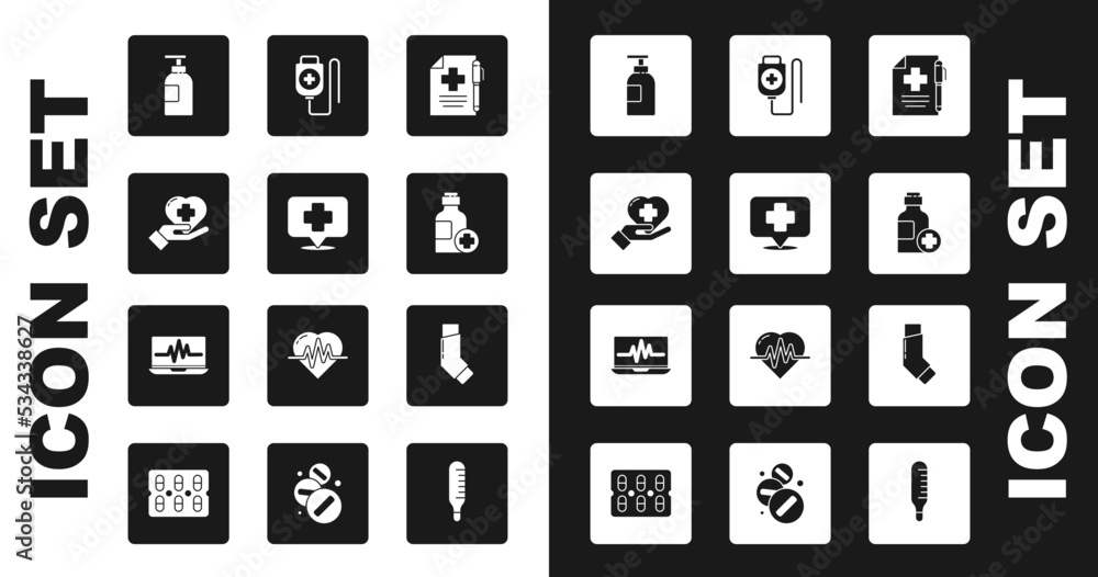 Set Medical prescription and pen, Map pointer with cross hospital, Heart, Hand sanitizer bottle, Bottle of medicine syrup, IV bag, Inhaler and Laptop cardiogram icon. Vector Set Medical prescription and pen, Map pointer with cross hospital, Heart, Hand sanitizer bottle, Bottle of medicine syrup, IV bag, Inhaler and Laptop cardiogram icon. Vector