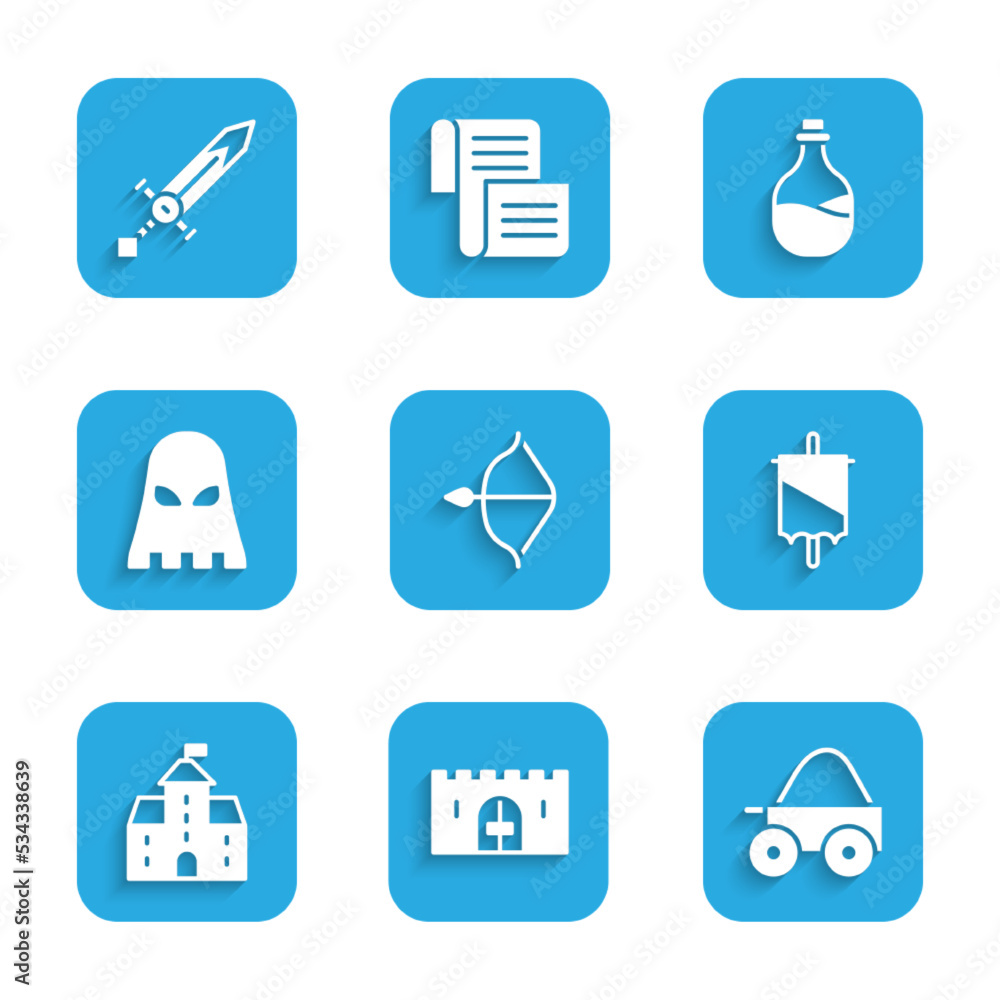 Set Medieval bow and arrow, castle gate, Wooden four-wheel cart, flag, Castle, fortress, Executioner mask, Old bottle of wine and sword icon. Vector Set Medieval bow and arrow, castle gate, Wooden four-wheel cart, flag, Castle, fortress, Executioner mask, Old bottle of wine and sword icon. Vector