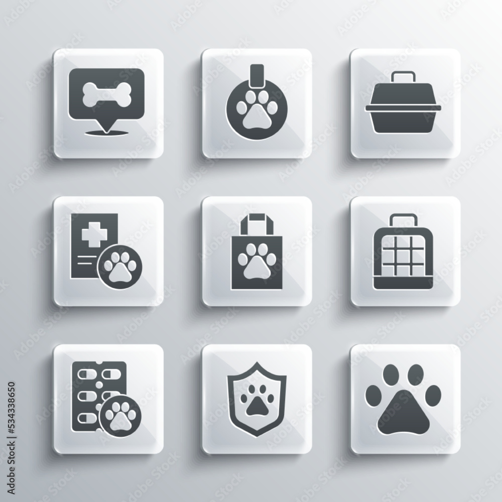 Set Animal health insurance, Paw print, Pet carry case, Shopping bag pet, Dog pill, Clinical record, bone and icon. Vector Set Animal health insurance, Paw print, Pet carry case, Shopping bag pet, Dog pill, Clinical record, bone and icon. Vector
