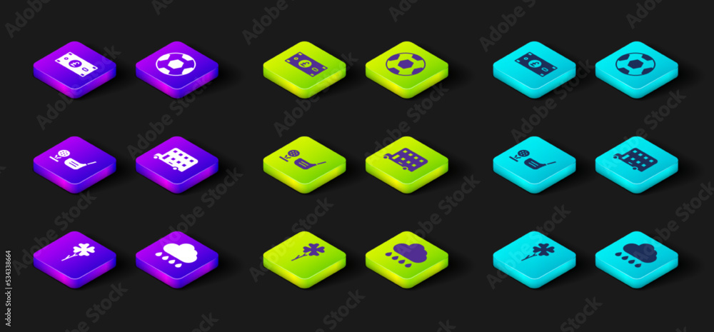 Set Four leaf clover, Cloud with rain, Golf club ball on tee, Double decker bus, Football and Pound sterling money icon. Vector Set Four leaf clover, Cloud with rain, Golf club ball on tee, Double decker bus, Football and Pound sterling money icon. Vector
