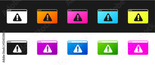 Set Browser with exclamation mark icon isolated on black and white background. Alert message smartphone notification. Vector