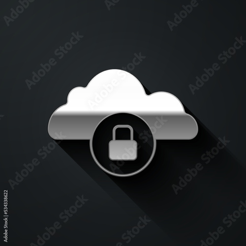 Silver Cloud computing lock icon isolated on black background. Security, safety, protection concept. Protection of personal data. Long shadow style. Vector