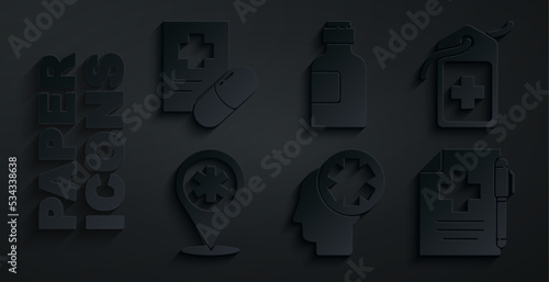 Set Male head with hospital, Cross medical tag, Map pointer cross, Medical prescription and pen, Bottle of medicine syrup and icon. Vector