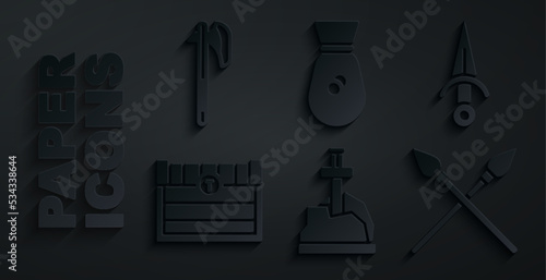 Set Sword in the stone, Dagger, Antique treasure chest, Crossed medieval spears, Old money bag and Medieval axe icon. Vector
