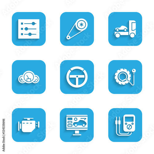 Set Steering wheel, Diagnostics condition of car, Multimeter, Tire pressure gauge, Check engine, Speedometer, Car transporter truck and settings icon. Vector