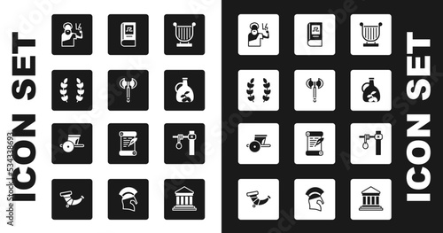 Set Ancient lyre, Medieval axe, Laurel wreath, Zeus, Bottle of olive oil, Greek history book, Gallows and chariot icon. Vector