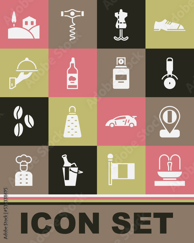 Set Fountain, Location flag Italy, Pizza knife, Mannequin, Bottle of olive oil, Covered with tray food, Village landscape and Perfume icon. Vector