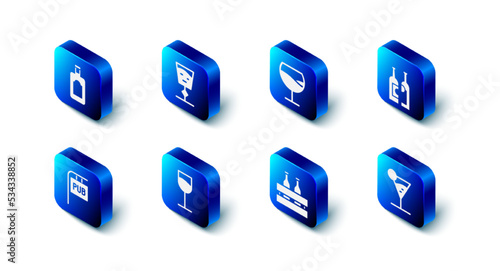 Set Wine glass, Bottles of wine, Martini, Pack beer bottles, Street signboard with Pub and Whiskey icon. Vector