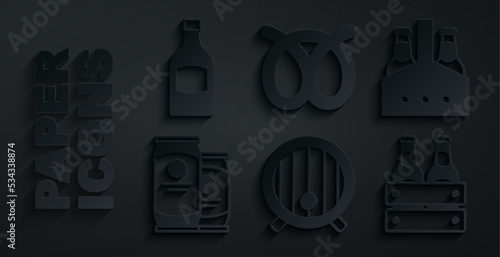 Set Wooden barrel, Pack of beer bottles, Beer can, Pretzel and icon. Vector