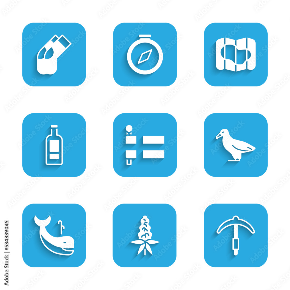 Set Flag of Iceland, Lupine flower, Pickaxe, Albatross, Whale, Bottle vodka, Map and Socks icon. Vector Set Flag of Iceland, Lupine flower, Pickaxe, Albatross, Whale, Bottle vodka, Map and Socks icon. Vector