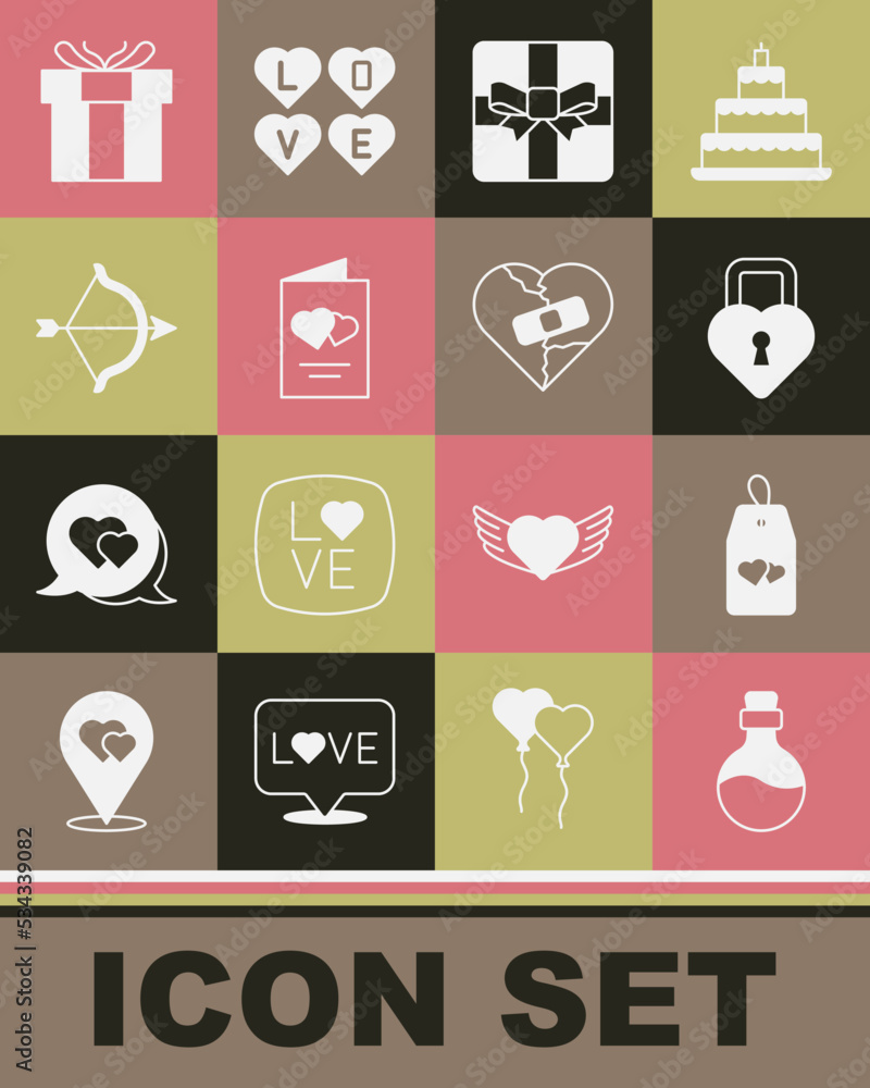 Set Bottle with love potion, Please do not disturb heart, Castle in the shape of, Gift box, Valentines day flyer, Bow and arrow, and Healed broken or divorce icon. Vector Set Bottle with love potion, Please do not disturb heart, Castle in the shape of, Gift box, Valentines day flyer, Bow and arrow, and Healed broken or divorce icon. Vector