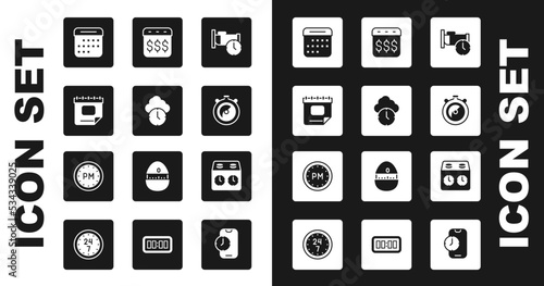Set Time to sleep, Clock, Calendar, Stopwatch, Payday, calendar with dollar, chess clock and Day time icon. Vector