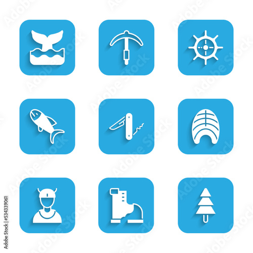 Set Swiss army knife, Winter warm boot, Tree, Fish steak, Viking head, Ship steering wheel and Whale tail icon. Vector