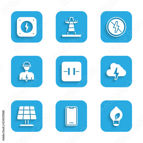 Set Electrolytic capacitor, Mobile phone, Light bulb with leaf, Cloud and lightning, Solar energy panel, Electrician, No and Lightning bolt icon. Vector