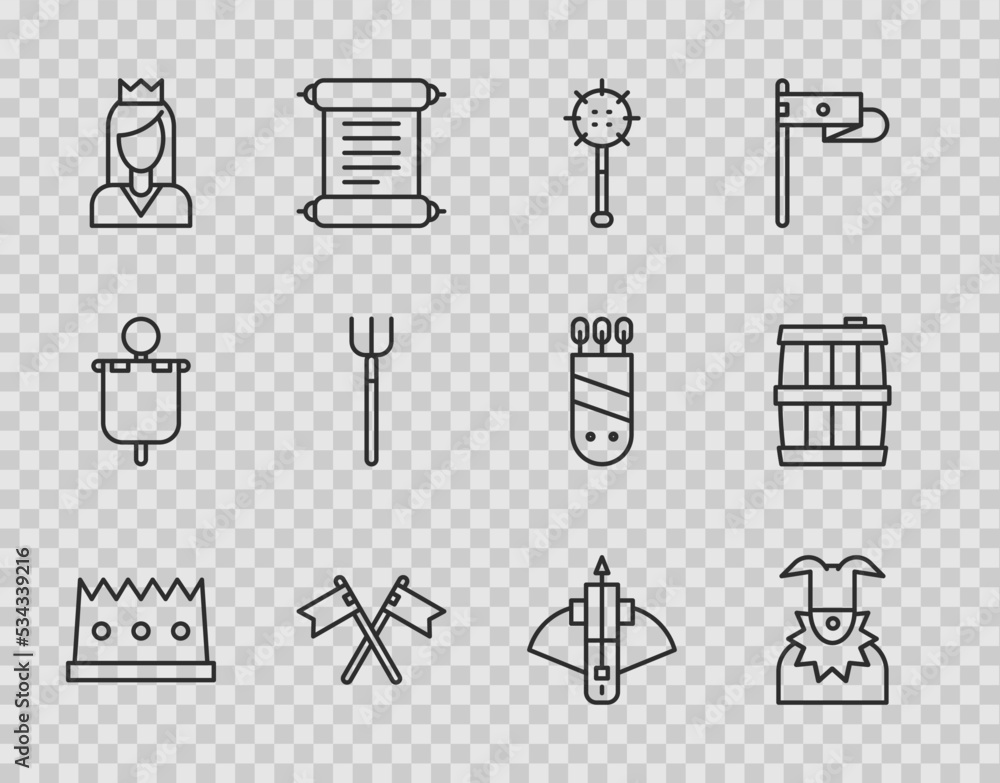 Set line King crown, Joker head, Medieval chained mace ball, Crossed medieval flag, Princess, Garden pitchfork, Battle crossbow with arrow and Wooden barrel icon. Vector Set line King crown, Joker head, Medieval chained mace ball, Crossed medieval flag, Princess, Garden pitchfork, Battle crossbow with arrow and Wooden barrel icon. Vector