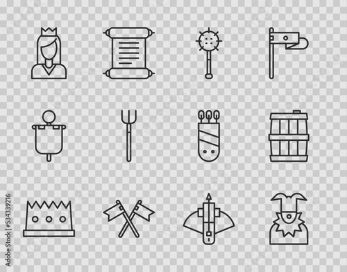 Set line King crown, Joker head, Medieval chained mace ball, Crossed medieval flag, Princess, Garden pitchfork, Battle crossbow with arrow and Wooden barrel icon. Vector