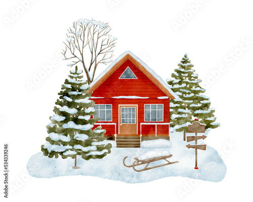 Watercolor winter house landscape. Hand drawn wood cottage in the woods with sledge and snowy fir trees isolated on white background. Christmas illustration. Cute red cabin for cards, design.