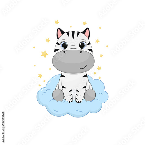 Cartoon zebra sits on a blue cloud. Vector illustration for design and print