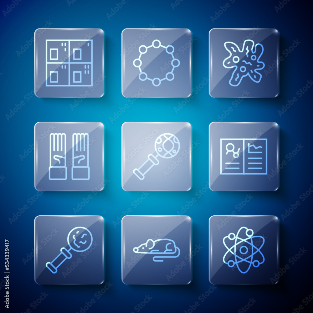 Set line Microorganisms under magnifier, Experimental mouse, Atom, Cell, DNA research, search, Medical rubber gloves, Periodic table and Clinical record icon. Vector Set line Microorganisms under magnifier, Experimental mouse, Atom, Cell, DNA research, search, Medical rubber gloves, Periodic table and Clinical record icon. Vector