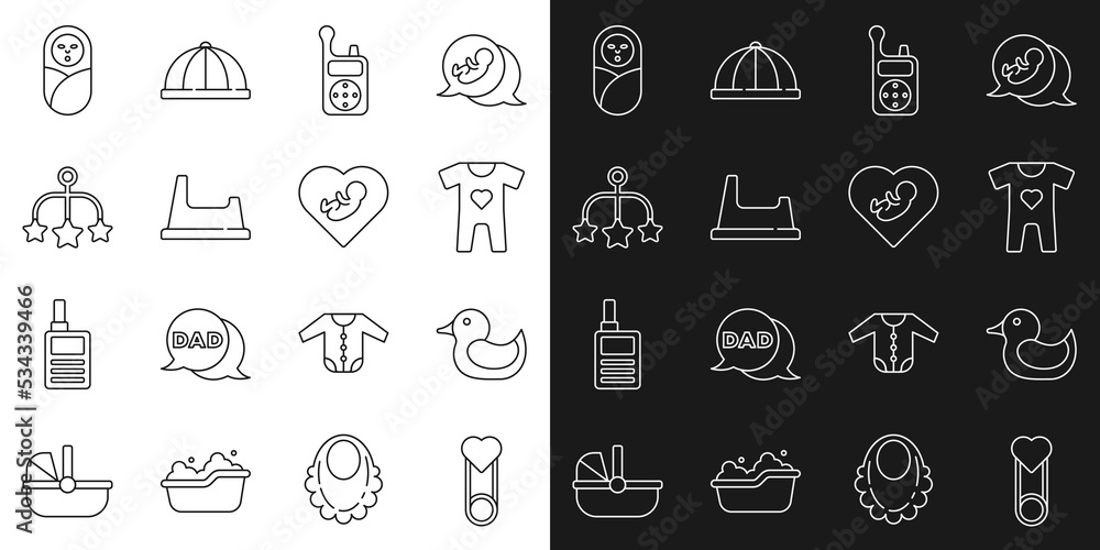 Set line Baby clothes pin, Rubber duck, Monitor Walkie Talkie, potty, crib hanging toys, Newborn baby infant swaddled and inside heart icon. Vector