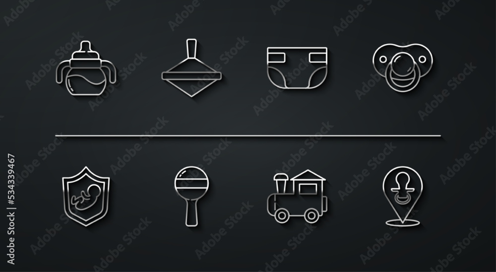 Set line Baby bottle, on shield, dummy pacifier, Toy train, Rattle baby toy, Whirligig, and absorbent diaper icon. Vector Set line Baby bottle, on shield, dummy pacifier, Toy train, Rattle baby toy, Whirligig, and absorbent diaper icon. Vector