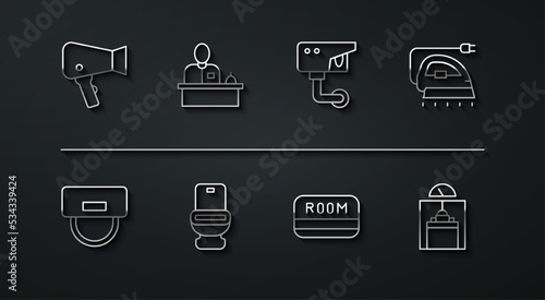 Set line Hair dryer, Bellboy hat, Electric iron, Hotel key card, Toilet bowl, reception desk, Lift and Security camera icon. Vector