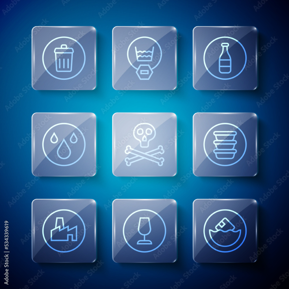 Set line Factory production, Fragile broken glass, Carton cardboard box, Bottle, Bones and skull warning, Water drop, Trash can and Bowl icon. Vector Set line Factory production, Fragile broken glass, Carton cardboard box, Bottle, Bones and skull warning, Water drop, Trash can and Bowl icon. Vector