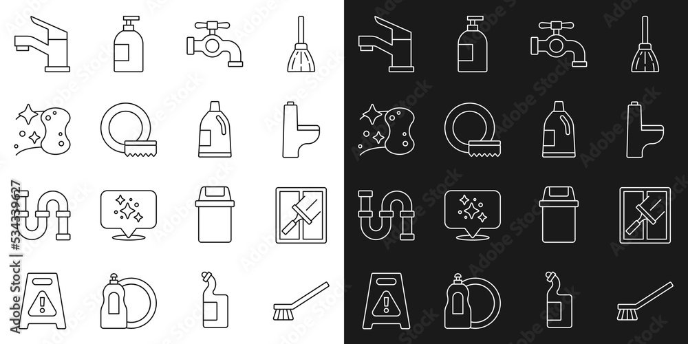 Set line Brush for cleaning, Rubber cleaner windows, Toilet bowl, Water tap, Washing dishes, Sponge, and Bottle agent icon. Vector