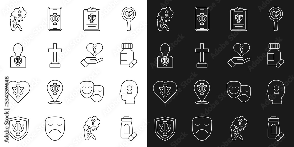 Set line Sedative pills, Solution to the problem, Psychology, Psi, Graves funeral sorrow, Man graves and Broken heart divorce icon. Vector