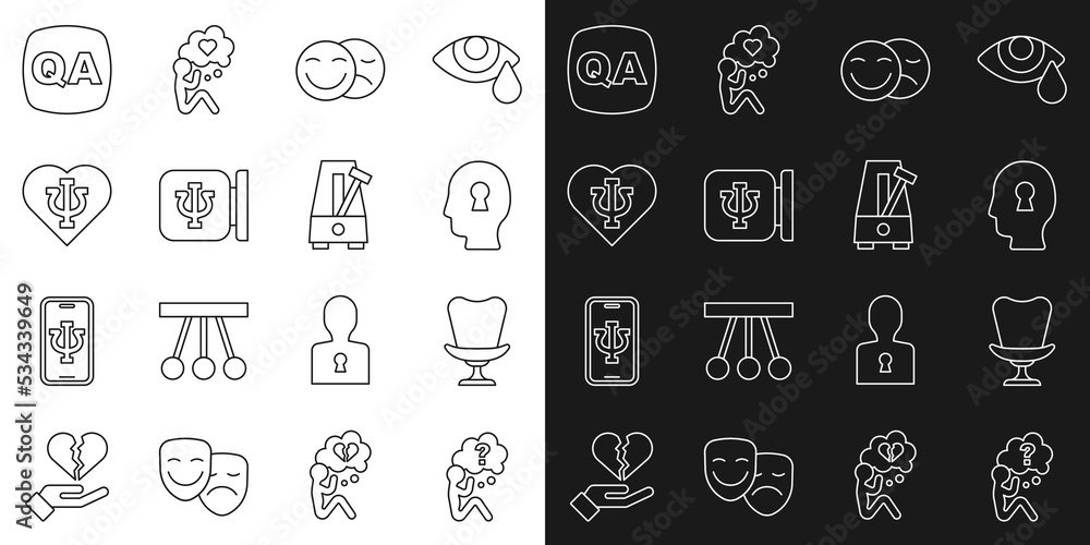 Set line Head with question mark, Armchair, Solution to the problem, Comedy and tragedy masks, Psychology, Psi, Question Answer and Metronome pendulum icon. Vector