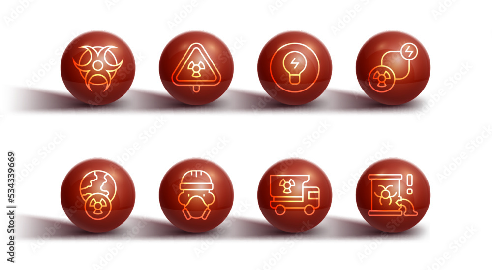 Set line Biohazard symbol, Planet earth and radiation, Radioactive exchange energy, Truck with materials, Nuclear reactor worker, Triangle, waste in barrel and Light bulb concept of idea icon. Vector Set line Biohazard symbol, Planet earth and radiation, Radioactive exchange energy, Truck with materials, Nuclear reactor worker, Triangle, waste in barrel and Light bulb concept of idea icon. Vector