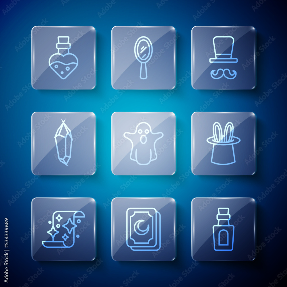 Set line Magic scroll, Tarot cards, Bottle with potion, Magician, Ghost, stone, and hat and rabbit ears icon. Vector Set line Magic scroll, Tarot cards, Bottle with potion, Magician, Ghost, stone, and hat and rabbit ears icon. Vector