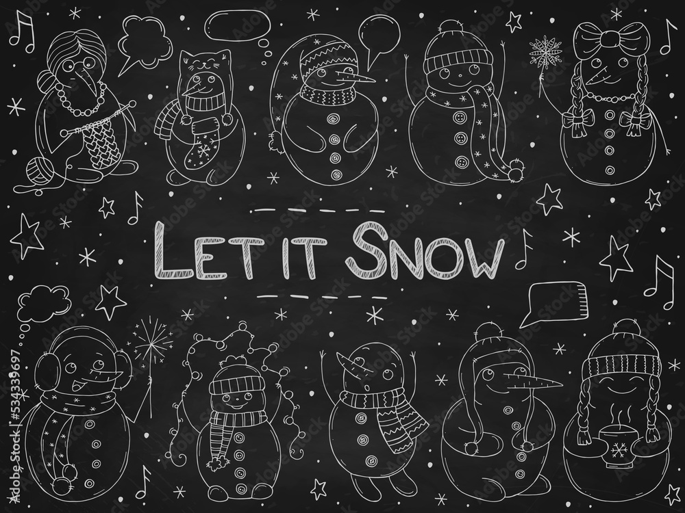 Set of cute snowmen on a black chalk board. Vector illustration in doodle style. Winter mood. Hello 2023. Merry Christmas and Happy New Year.