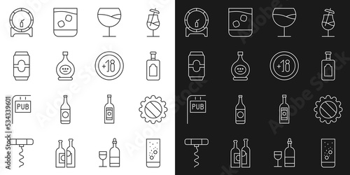 Set line Effervescent tablets in water, Bottle cap, Whiskey bottle, Wine glass, of cognac or brandy, Beer can, Wooden barrel on rack and Alcohol 18 plus icon. Vector