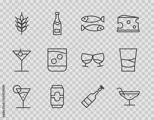 Set line Martini glass, Cocktail, Dried fish, Beer can, Hop, Glass of whiskey, Opened bottle wine and vodka icon. Vector