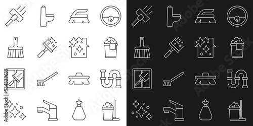 Set line Mop and bucket, Industry metallic pipe, Bucket with foam, Brush for cleaning, Rubber cleaner windows, Handle broom, Vacuum and Home service icon. Vector