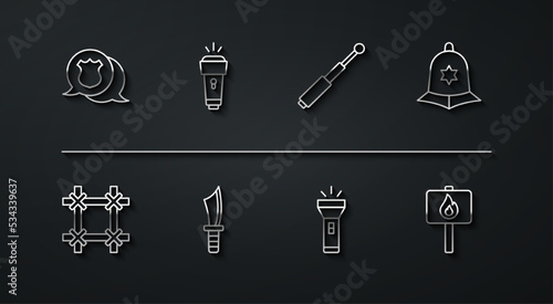 Set line Police badge, Prison window, British police helmet, Flashlight, Military knife, Protest and Telescopic baton icon. Vector