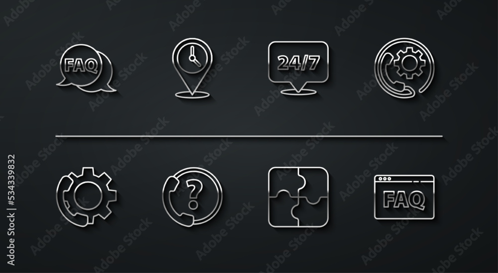 Set line Speech bubble with FAQ, Telephone 24 hours support, Piece of puzzle, Location clock, Browser and Clock icon. Vector Set line Speech bubble with FAQ, Telephone 24 hours support, Piece of puzzle, Location clock, Browser and Clock icon. Vector