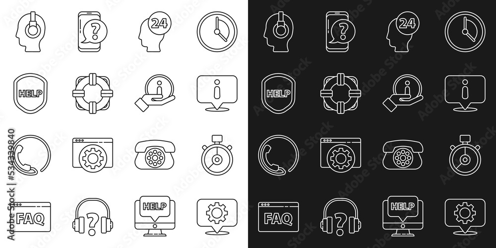 Set line Location with gear, Stopwatch, Information, Support operator in touch, Lifebuoy, Shield text Help, and icon. Vector