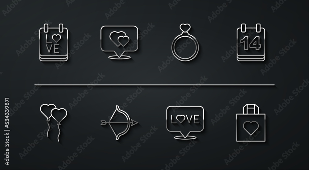 Set line Calendar with February 14, Balloons in form of heart, Love text, Bow and arrow, Location, Shopping bag and Wedding rings icon. Vector Set line Calendar with February 14, Balloons in form of heart, Love text, Bow and arrow, Location, Shopping bag and Wedding rings icon. Vector
