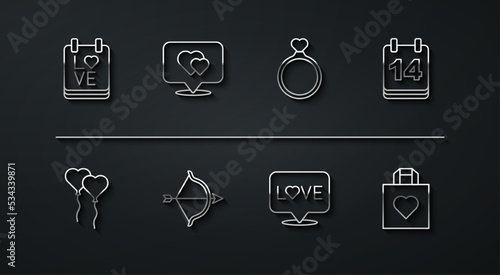 Set line Calendar with February 14  Balloons in form of heart  Love text  Bow and arrow  Location  Shopping bag and Wedding rings icon. Vector