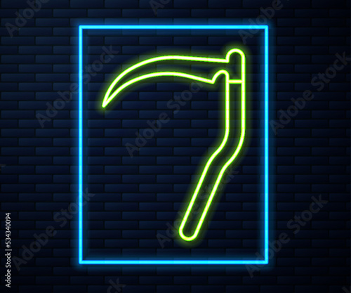 Glowing neon line Scythe icon isolated on brick wall background. Happy Halloween party. Vector