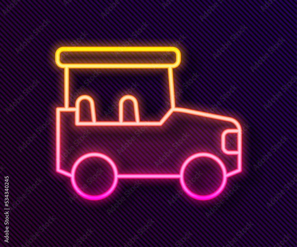 Glowing neon line Safari car icon isolated on black background. Vector Glowing neon line Safari car icon isolated on black background. Vector