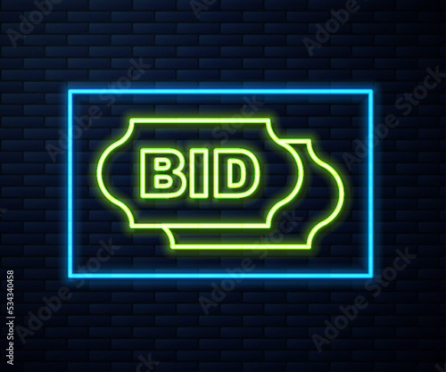 Glowing neon line Bid icon isolated on brick wall background. Auction bidding. Sale and buyers. Vector
